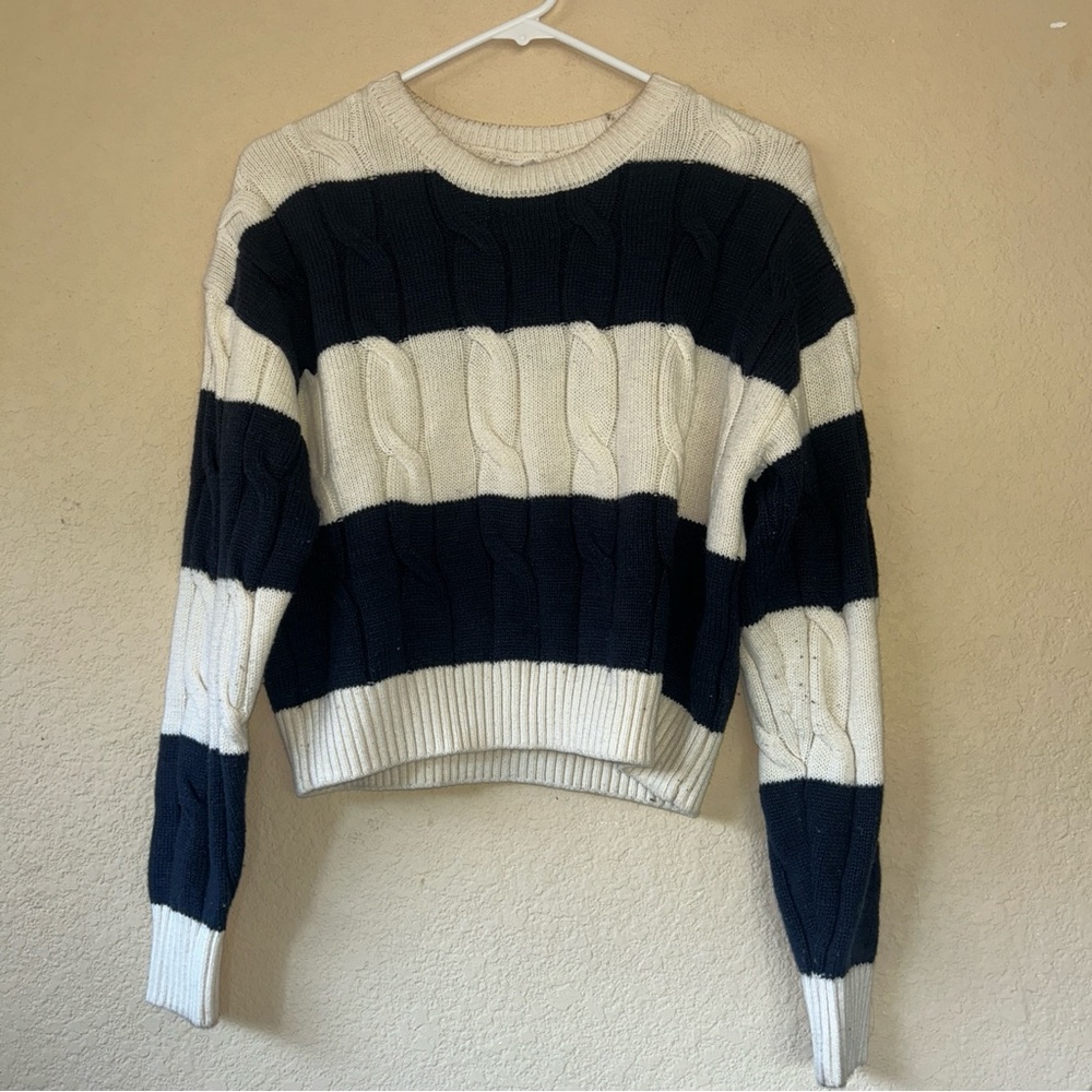 Garage Navy and Cream Cable Knit Sweater